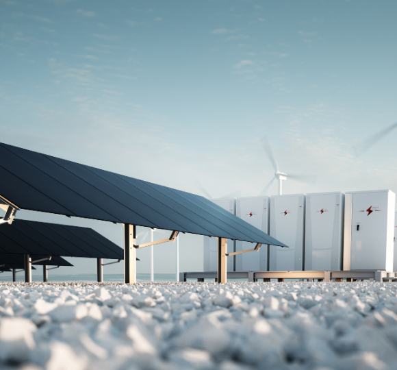 Solar panels on a rooftop with wind turbines in the background