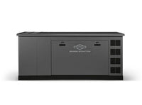 Briggs & Stratton gray standby generator with logo, front vent panels, and rectangular metal body