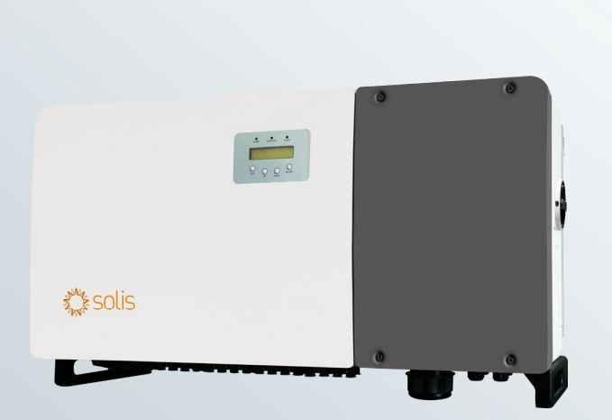 Solis 100K 5G-US solar inverter front view with LCD display and logo on white background