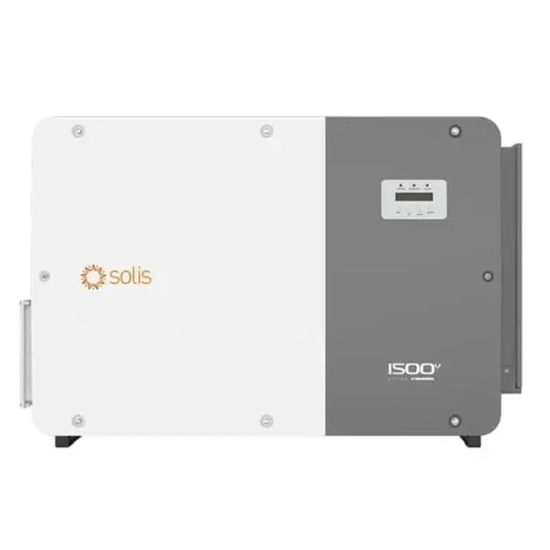 Solis 125K EHV 5G US inverter, front view, white and gray panel with digital display