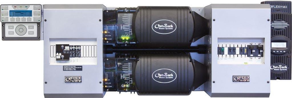 OutBack Power FP2 VFXR3524A solar inverter system with Flexware panels front view