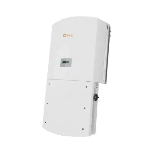 Solis 60K-US-F solar inverter front view, white casing with LCD display, wall-mounted