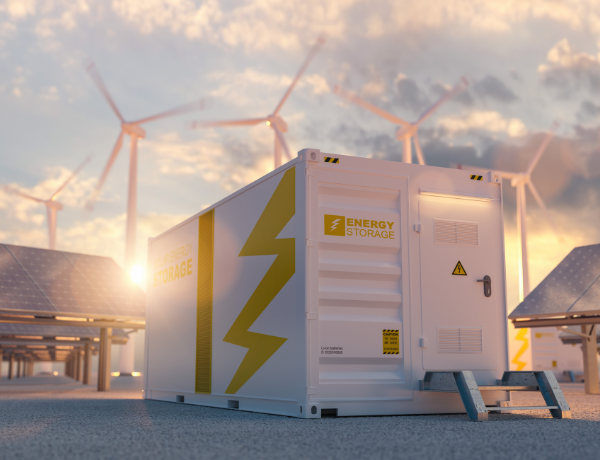 Energy storage container with wind turbines and solar panels in the background