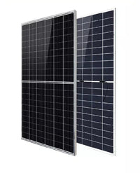 Two solar panels side by side on a white background