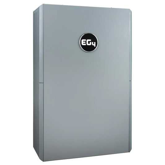 EG4 WallMount All Weather Battery mounted on an exterior wall, showcasing its rugged, weatherproof design and LCD touchscreen interface