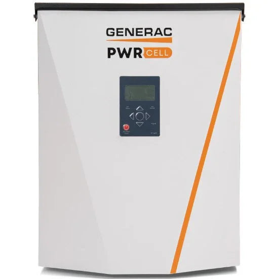 Generac Single Phase Inverter UL1741SB mounted on a wall with solar panels in the background, showcasing a modern residential solar setup.