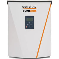 Generac Single Phase Inverter UL1741SB mounted on a wall with solar panels in the background, showcasing a modern residential solar setup.