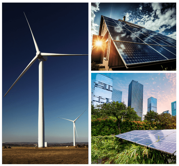 Collage of wind turbines and solar panels representing renewable energy sources.