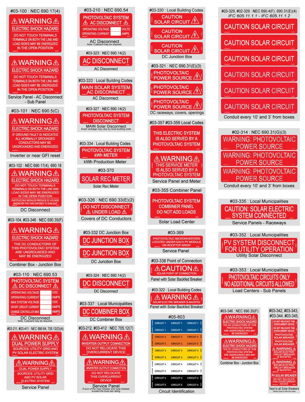 2011 NEC Solar Labels 55 Piece Pack 03-500