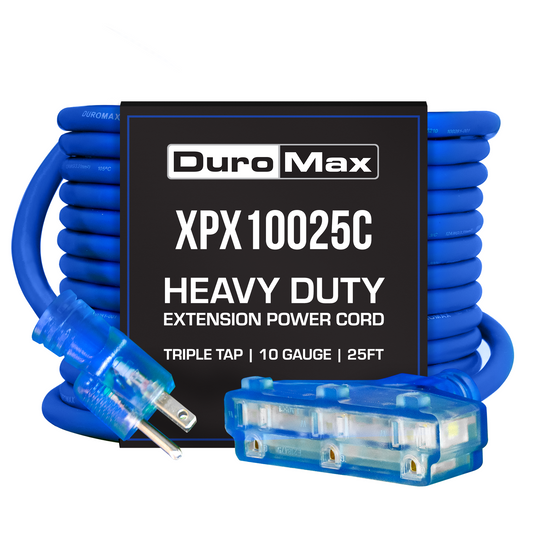 DuroMax XPX10025C Heavy Duty SJEOOW 25-Foot 10 Gauge Blue Triple Tap Extension Power Cord