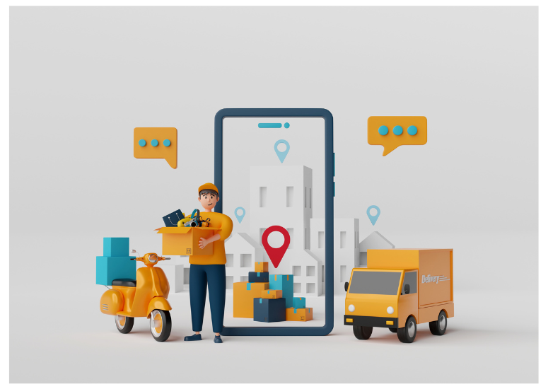 Illustration of a delivery person with a scooter and a van, interacting with a large smartphone displaying a map and delivery app interface.