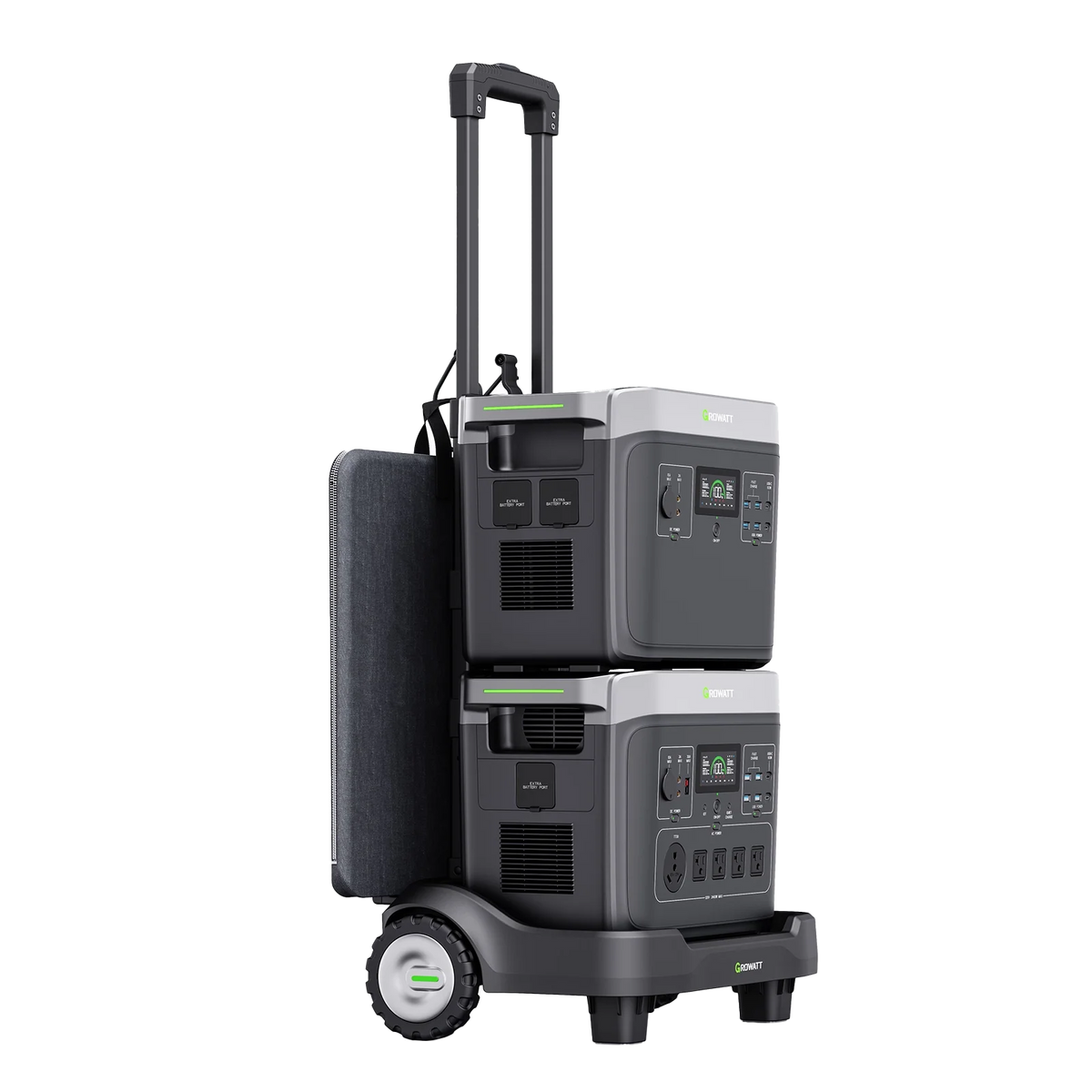 Growatt INFINITY 2000 trolley cart carrying INFINITY 2000 power station with stacked expansion battery (official Growatt render via authorized reseller)