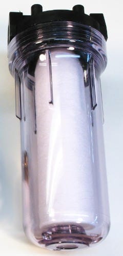 Dankoff Pump INLINE SEDIMENT FILTER HOUSING, 10IN, CLEAR, DANKOFF 11033 — side angle