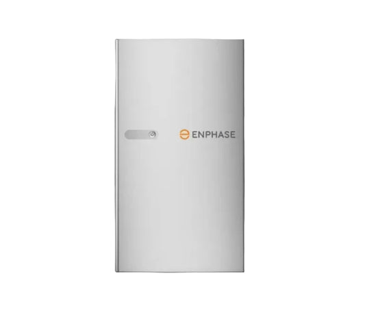 An Enphase smart home energy storage system in a sleek silver metallic finish, shown against a plain white background.