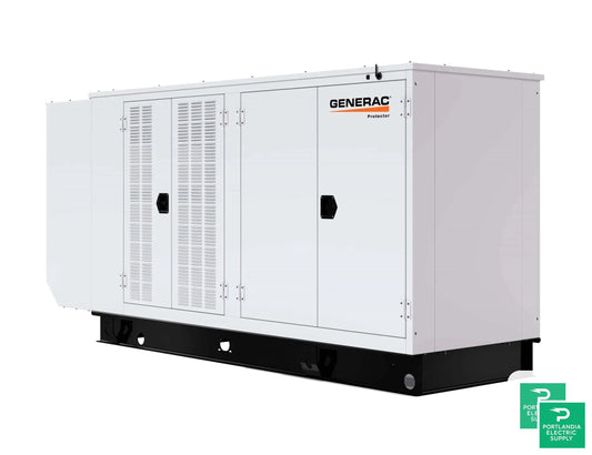 Generac Protector 130KW Automatic Standby Liquid-Cooled Gaseous Engine Generator in Aluminum Enclosure - RG13090 — front view