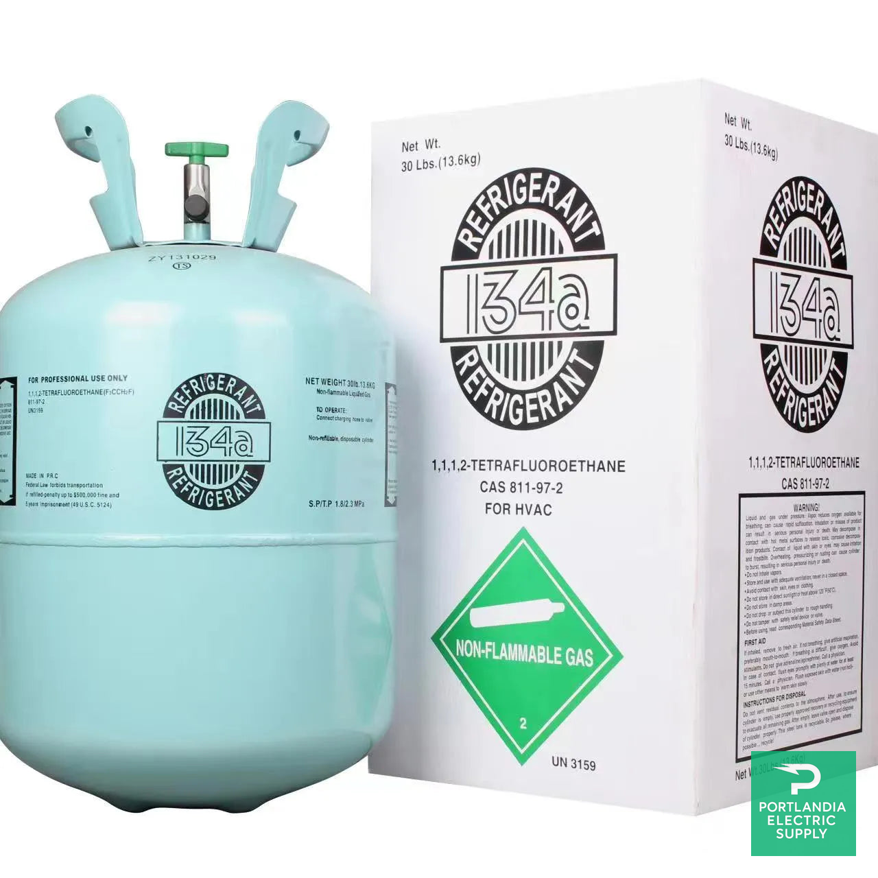 R-134a Refrigerant 30 lb Cylinder (Virgin, Factory-Sealed) — cylinder with carton, PES Supply