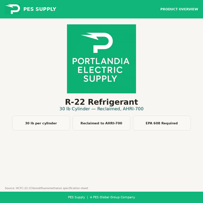 R-22 Refrigerant 30 lb Cylinder (Reclaimed, AHRI-700) — product overview, PES Supply branded