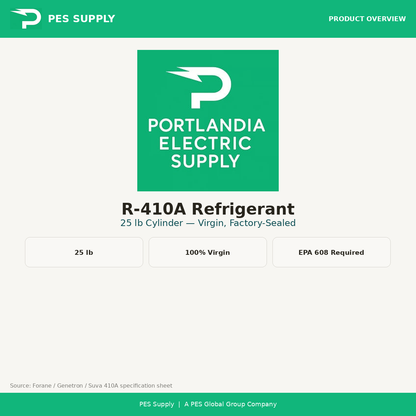 R-410A Refrigerant 25 lb Cylinder (Virgin, Factory-Sealed) — product overview, PES Supply branded