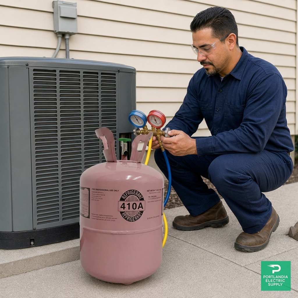 R-410A Refrigerant — HVAC technician servicing residential condenser, PES Supply