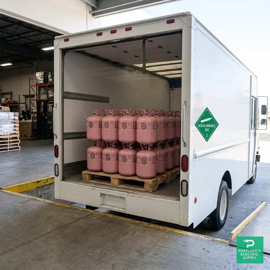 R-22 Refrigerant 30 lb Cylinder — Pallet loaded on hazmat-cleared ground truck for delivery, PES Supply