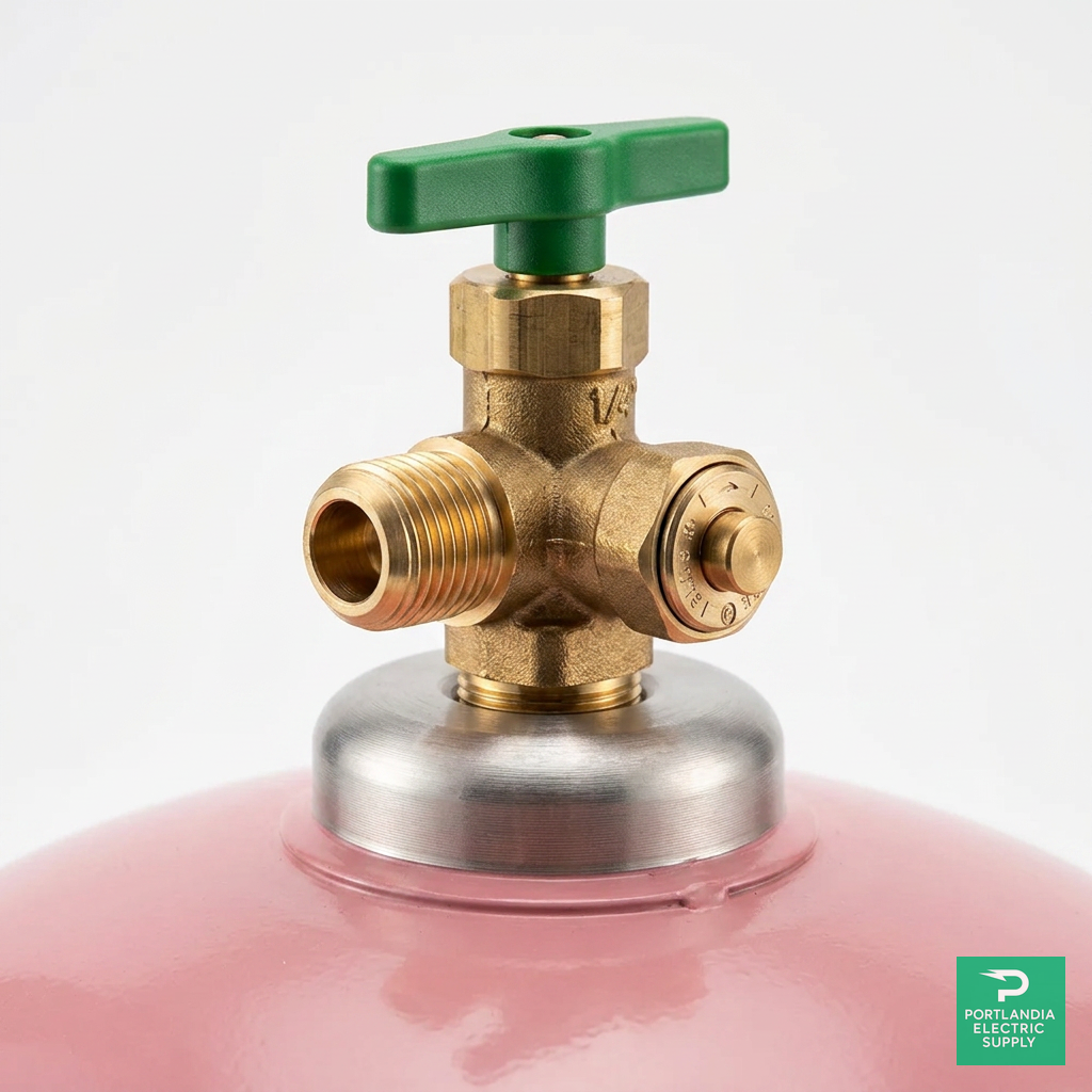 R-134a Refrigerant 30 lb Cylinder — Cylinder brass valve close-up, PES Supply