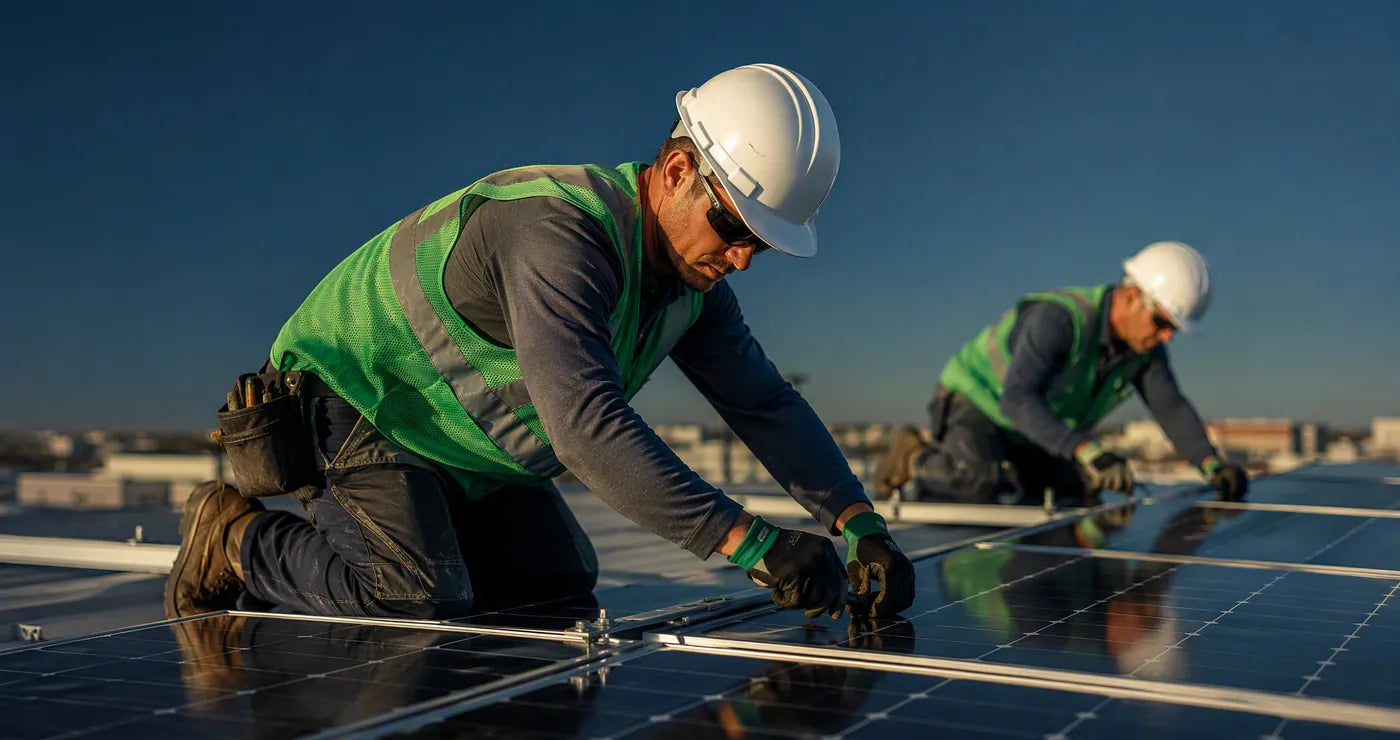 Installers mounting solar panels on a commercial rooftop